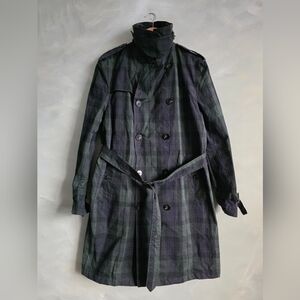 Zara Waxed Blue Green High Neck Belted Plaid Trench Coat British Millerain Sz M